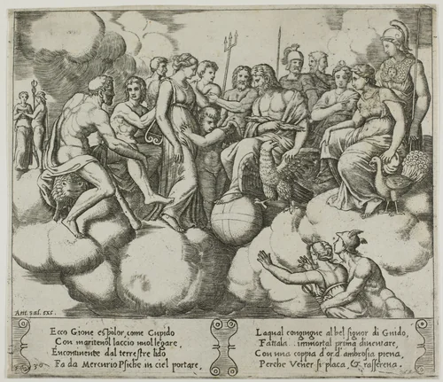 Venus and Cupid Pleading Their Cause in the Presence of Jupiter and Other Gods by Raffaello Sanzio, print, 1530-1540