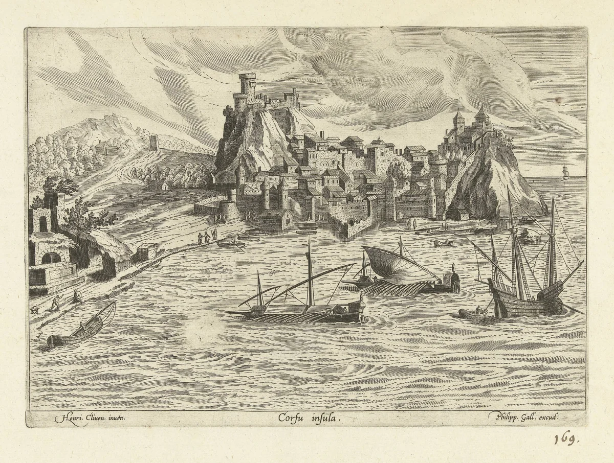 Gezicht op de haven van Corfu by anonymous, print, 1585