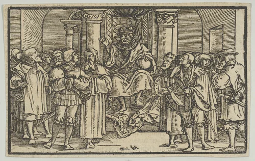 Representatives of Athens and Corinth at the Court of Archidamas, King of Sparta, from the History of the Peloponnesian War by Thucydides by Hans Schäufelein, print, 1533