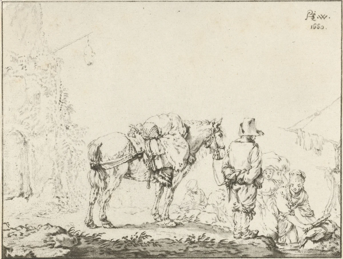 Man met paard bij wasvrouw by Cornelis Ploos van Amstel, print, 1772