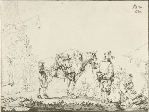 Man met paard bij wasvrouw by Cornelis Ploos van Amstel, print, 1772