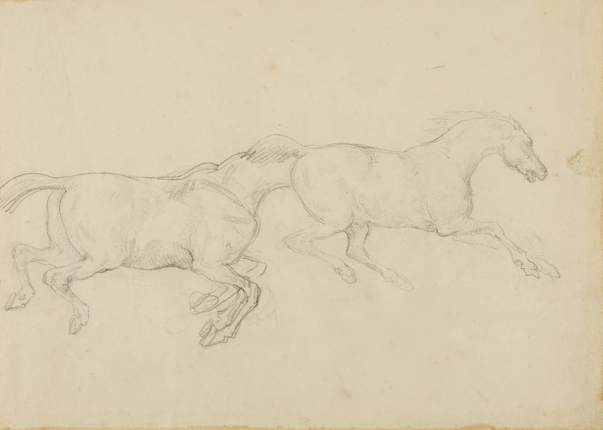 Two Horses Galloping to the Right by Jean Louis André Théodore Géricault, drawing, 1818-1819
