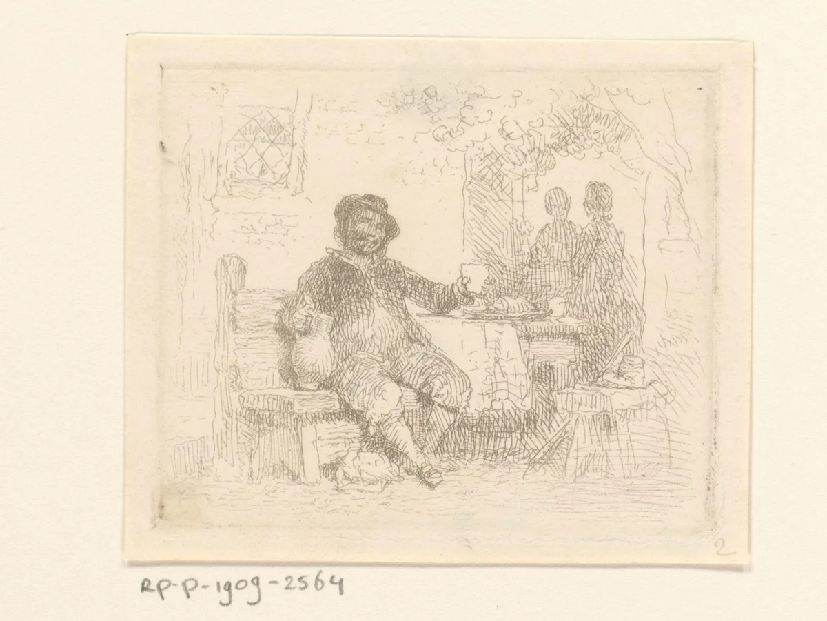 Drinkende man zittend voor een herberg by Ferdinand De Braekeleer, print, 1844