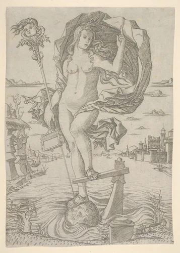 A naked female figure representing Fortune by Nicoletto da Modena, print, 1495-1505