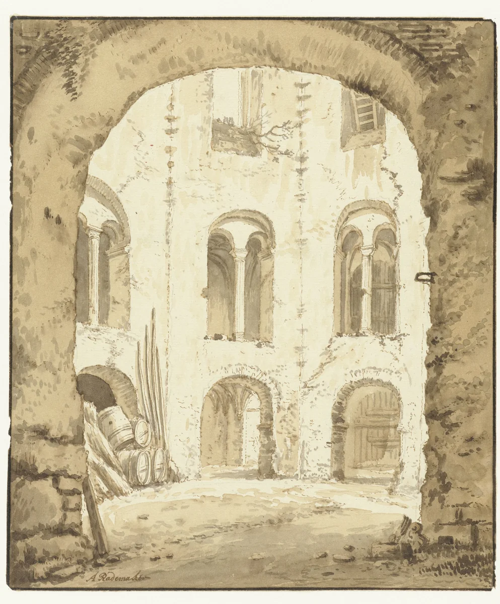 Gezicht op de kapel van het Valkhof te Nijmegen by Abraham Rademaker, drawing, 1685-1735