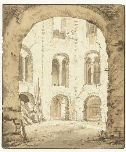 Gezicht op de kapel van het Valkhof te Nijmegen by Abraham Rademaker, drawing, 1685-1735