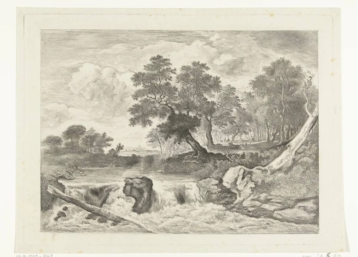 Landschap met waterval by Johannes Arnoldus Boland, print, 1860-1900