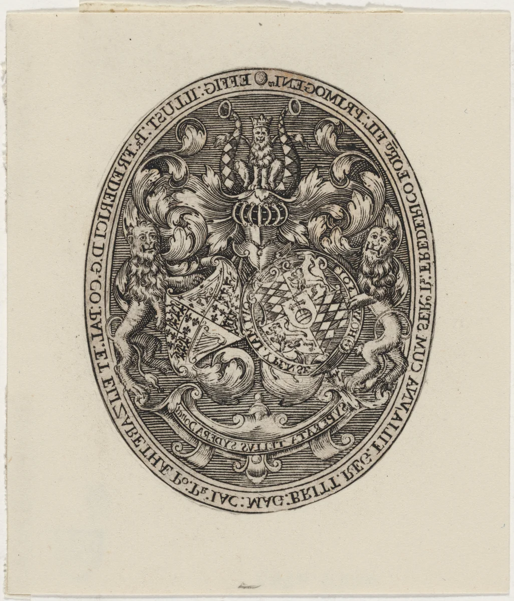 Shields of Frederick V, Elizabeth, and Prince Frederick Henry by Simon van de Passe, print, 1595-1647