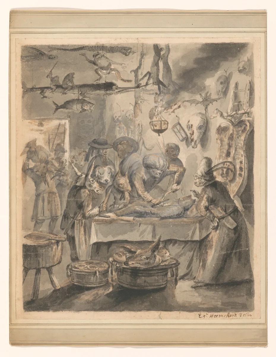Dierensatire by Egbert van Heemskerck, drawing, 1674-1744