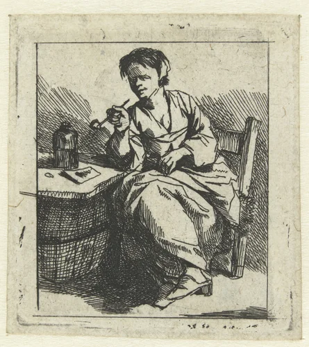 Jonge vrouw zittend met een pijp by Cornelis Pietersz. Bega, print, 1642-1664