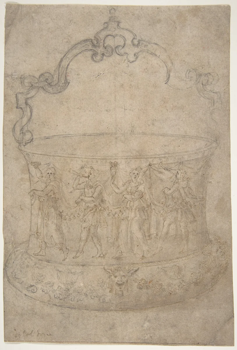 Design for a Bucket-Like Vessel with a Handle of Strapwork, on a Body Adorned with Dancing and Music-Making Antique-Style Figures by Girolamo Genga, drawing, 1540-1550