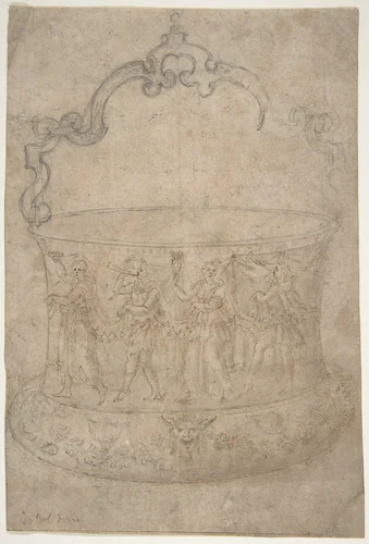 Design for a Bucket-Like Vessel with a Handle of Strapwork, on a Body Adorned with Dancing and Music-Making Antique-Style Figures by Girolamo Genga, drawing, 1540-1550