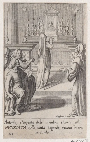 Antonia, from Scelta d'Alcuni Miracoli e Grazie della Santissima Nunziata di Firenze (Selection of Some Miracles and Graces that Occurred in the Church of the Annunziata in Florence) by Jacques Callot, print, 1611-1619