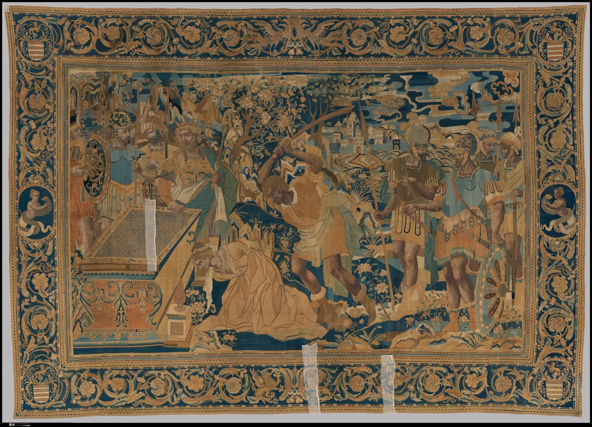The Sacrifice of Polyxena from a set of The Story of Troy by Bernard Salomon, textile, 1620-1630