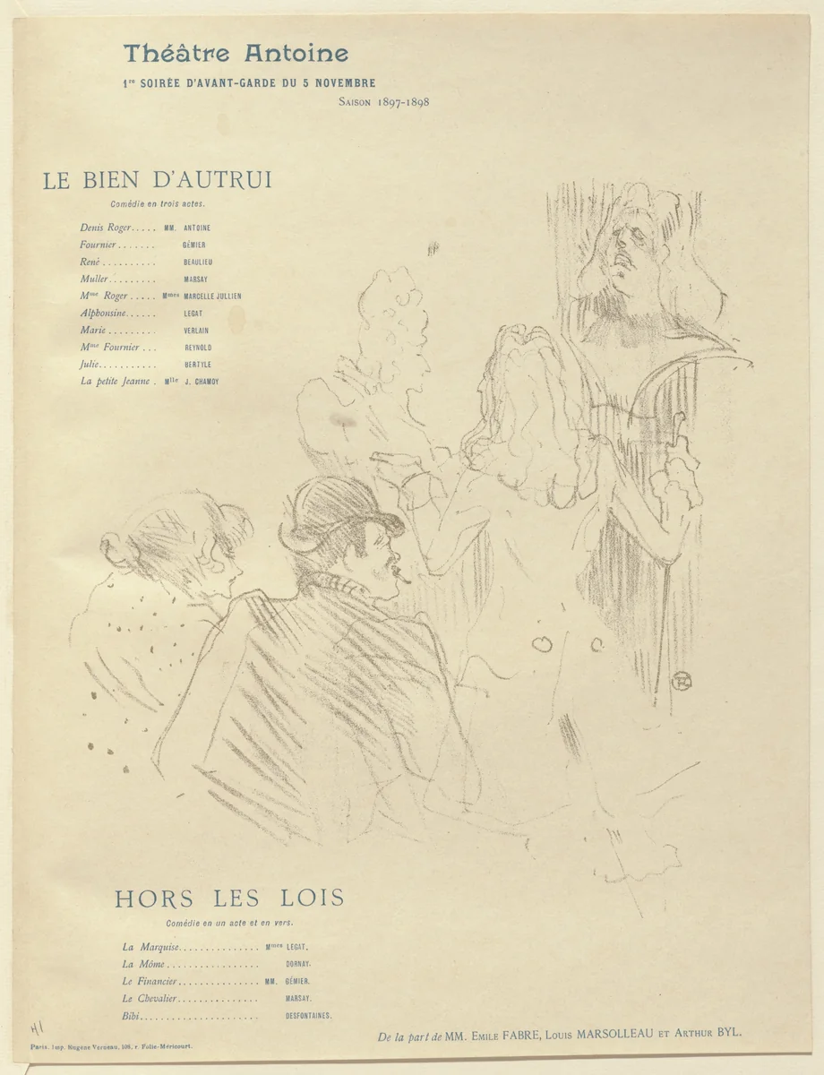 Homage to Molière (Hommage à Molière), program for Other People's Property (Le Bien d'autrui) and Outside the Law (Hors les lois) from The Beraldi Album of Theatre Programs by Henri de Toulouse-Lautrec, print, 1897