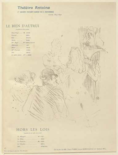 Homage to Molière (Hommage à Molière), program for Other People's Property (Le Bien d'autrui) and Outside the Law (Hors les lois) from The Beraldi Album of Theatre Programs by Henri de Toulouse-Lautrec, print, 1897