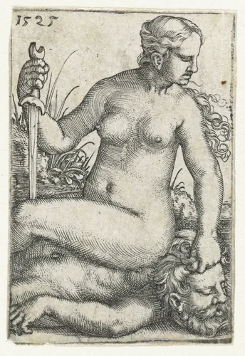 Judith met zwaard zittend op het onthoofde lichaam van Holofernes by Barthel Beham, print, 1525