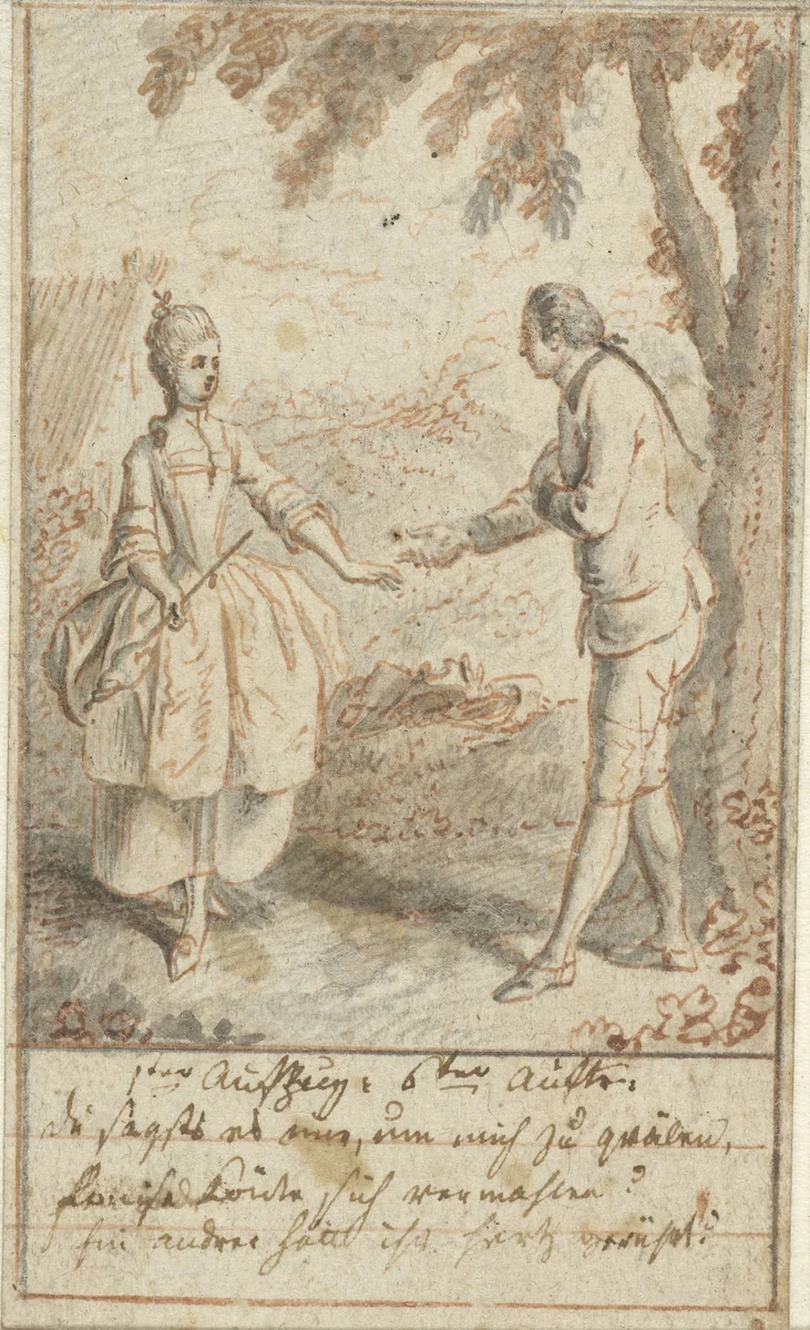 Alexis en Hannchen bij de lindeboom by Daniel Nikolaus Chodowiecki, drawing, 1770-1775