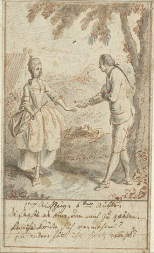 Alexis en Hannchen bij de lindeboom by Daniel Nikolaus Chodowiecki, drawing, 1770-1775