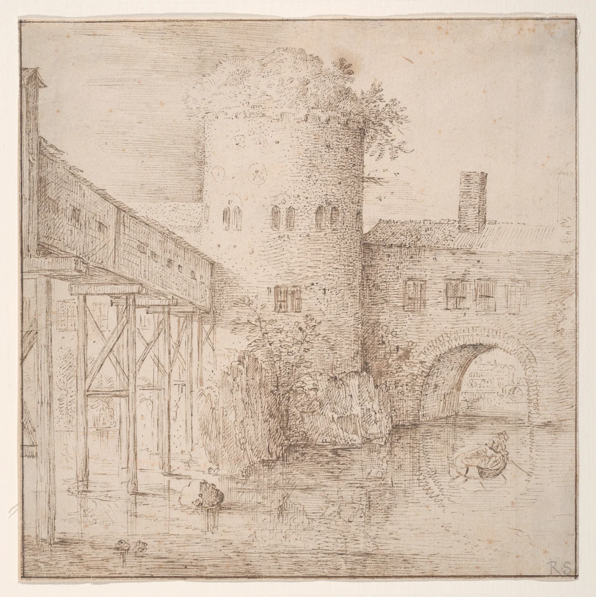 A Mill with a Fortified Bridge, a Rowing Boat in the Foreground by Roelandt Savery, drawing, 1596-1639