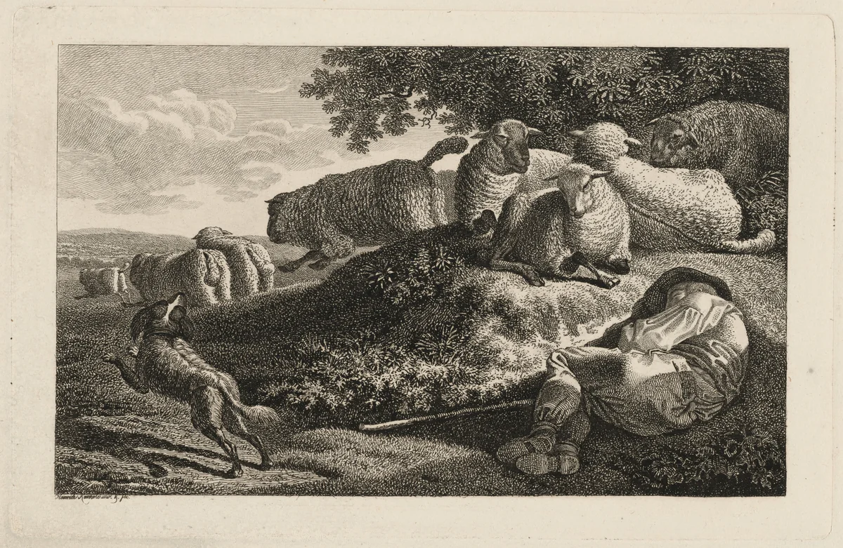 A Shepherd Sleeping while His Dog Guards His Flock by Heinrich Carl Reinhold, print, 1810-1820