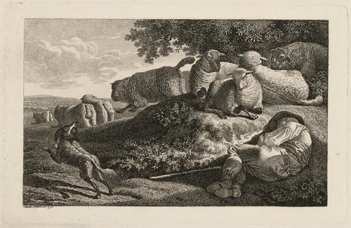 A Shepherd Sleeping while His Dog Guards His Flock by Heinrich Carl Reinhold, print, 1810-1820
