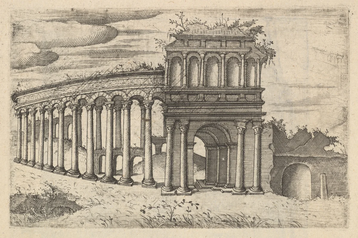 The Amphitheater in Bordeaux [Teatrum Bordeos; Transitorium Caesaris], from the series 'Ruinarum variarum fabricarum delineationes pictoribus caeterisque id genus artificibus multum utiles' by Lambert Suavius, book, 1554