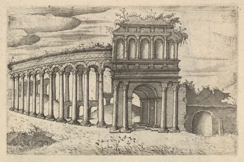 The Amphitheater in Bordeaux [Teatrum Bordeos; Transitorium Caesaris], from the series 'Ruinarum variarum fabricarum delineationes pictoribus caeterisque id genus artificibus multum utiles' by Lambert Suavius, book, 1554