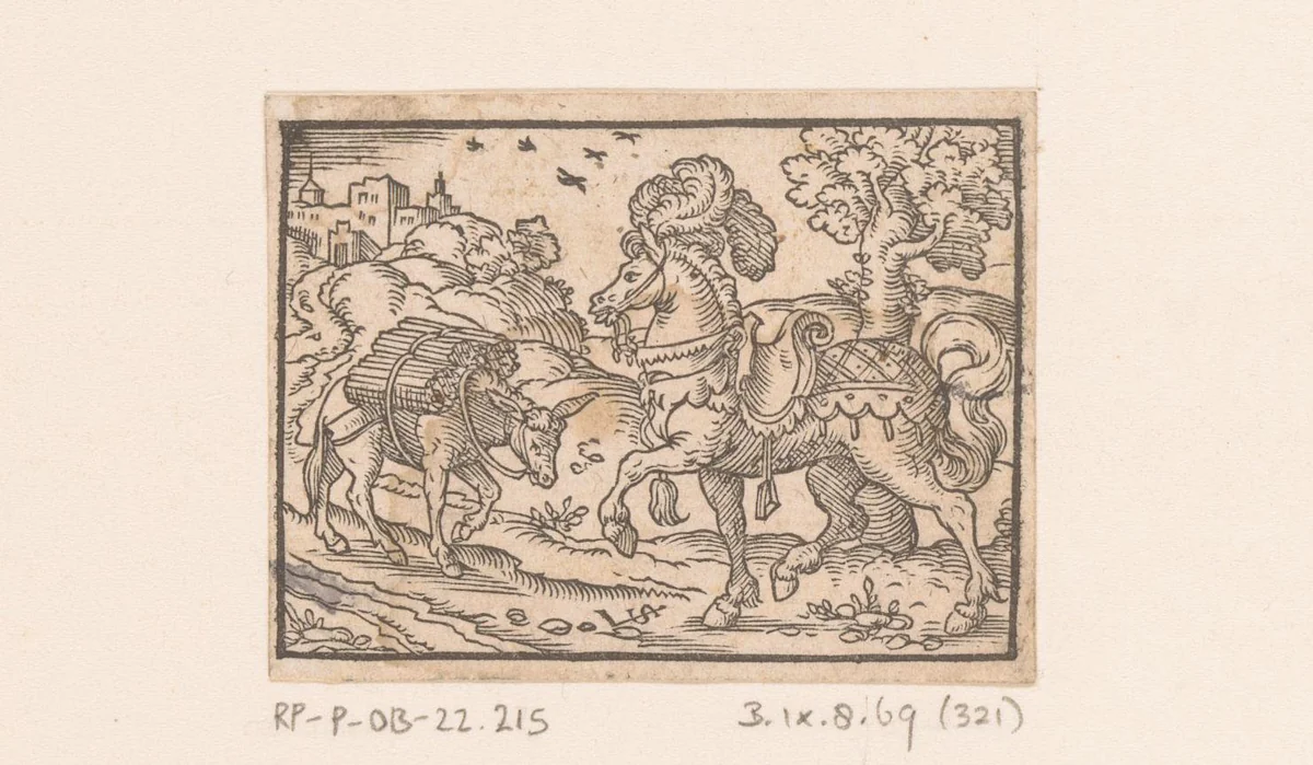 Fabel van de ezel en het hooghartige paard by Unknown, print, 1566