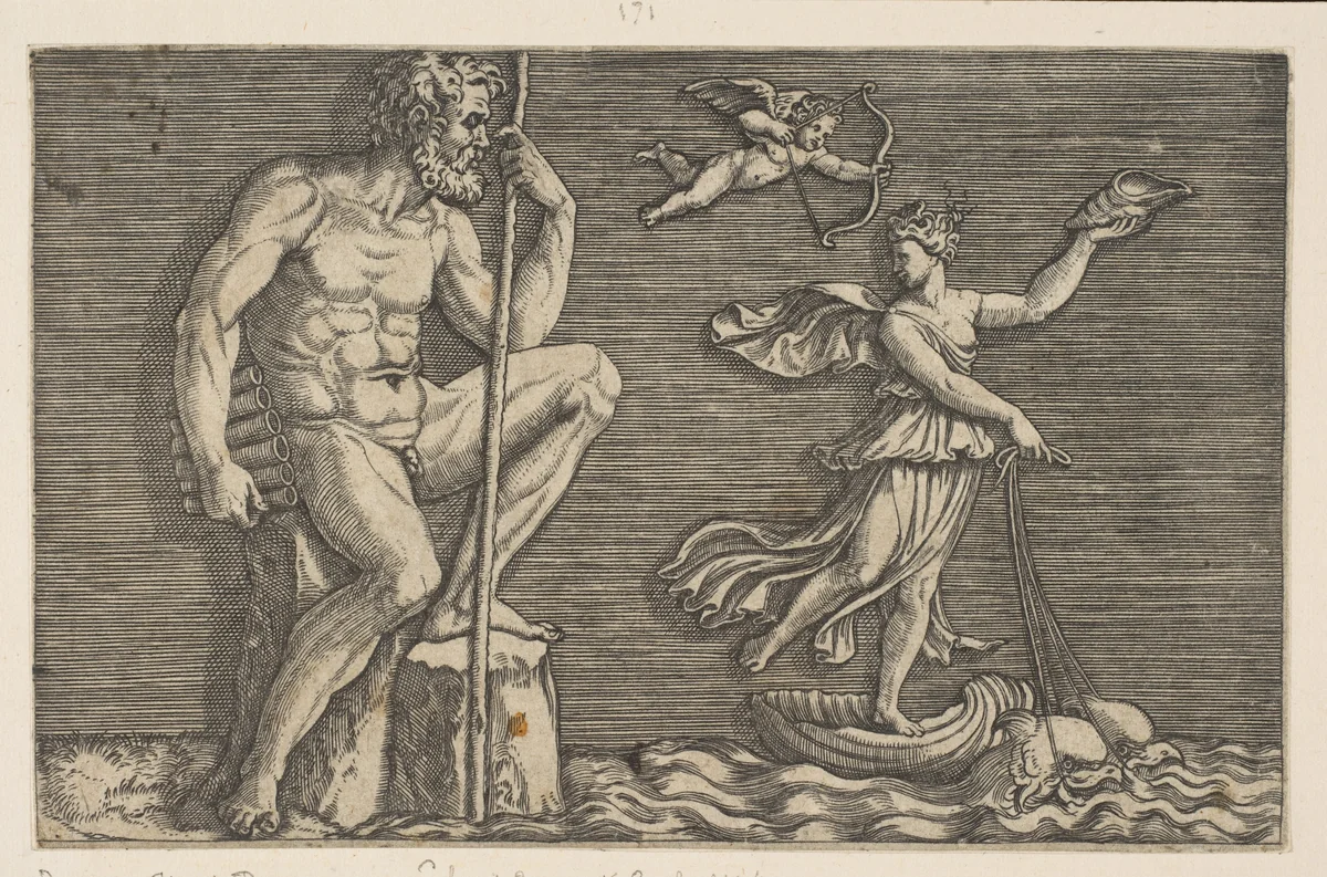 Galatea escaping Polyphemus; he is seated on a rock holding a staff and pipes and looking towards Galatea at right riding a shell pulled by two dolphins, Cupid flying above by Marco Dente, print, 1510-1532