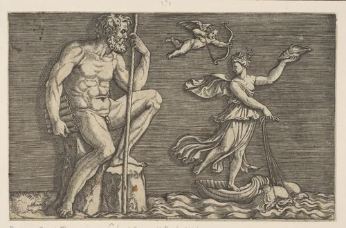 Galatea escaping Polyphemus; he is seated on a rock holding a staff and pipes and looking towards Galatea at right riding a shell pulled by two dolphins, Cupid flying above by Marco Dente, print, 1510-1532