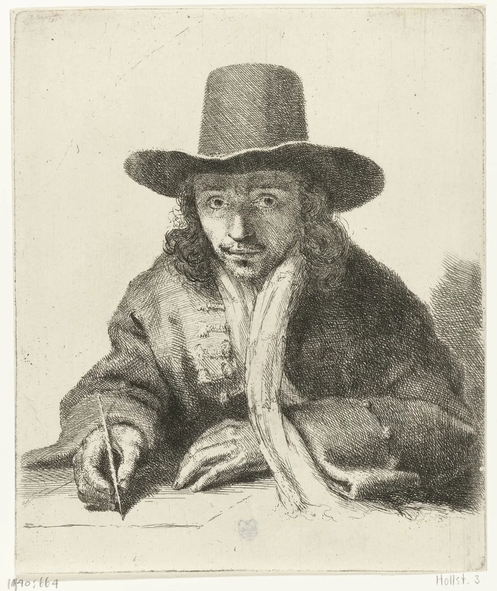 Zelfportret van Johannes Lutma, tekenend by Johannes Lutma, print, 1643-1689