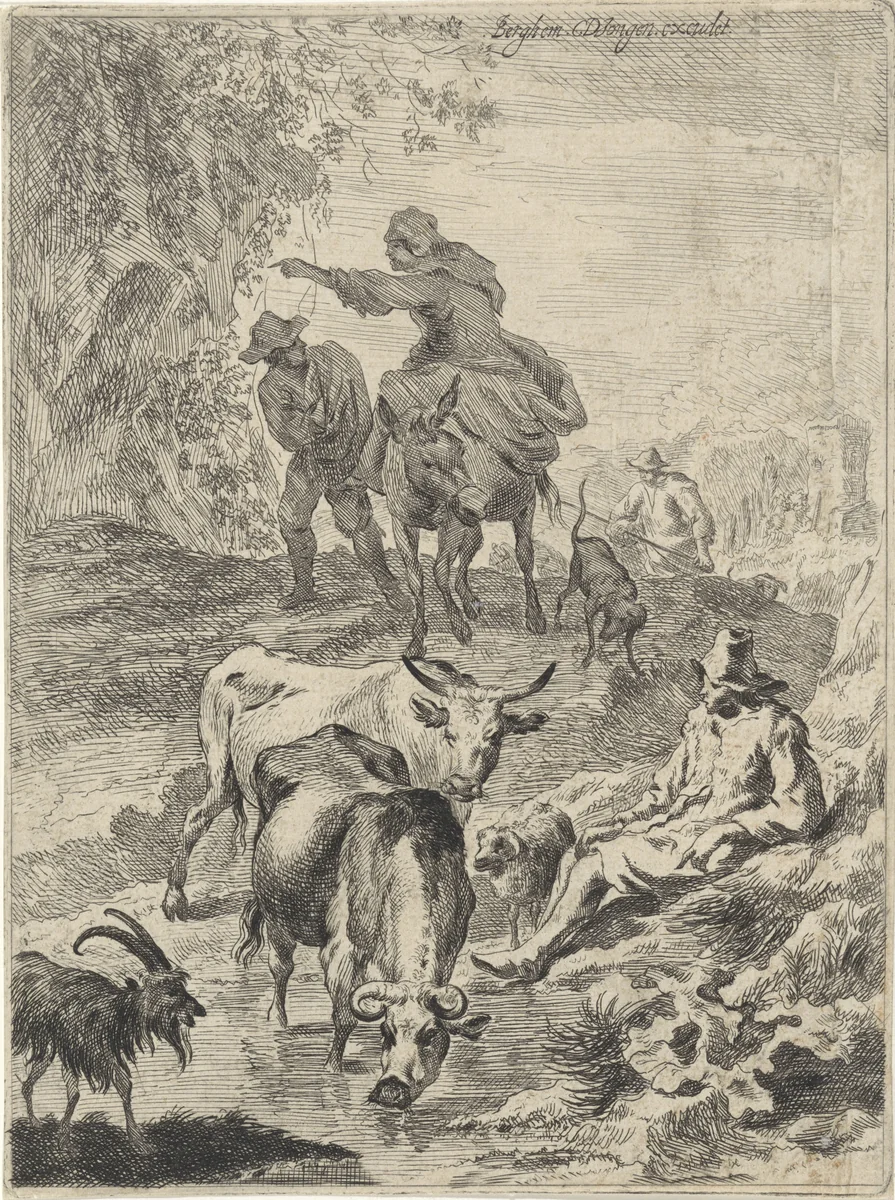 Herders bij een beek by Jan de Visscher, print, 1643-1670