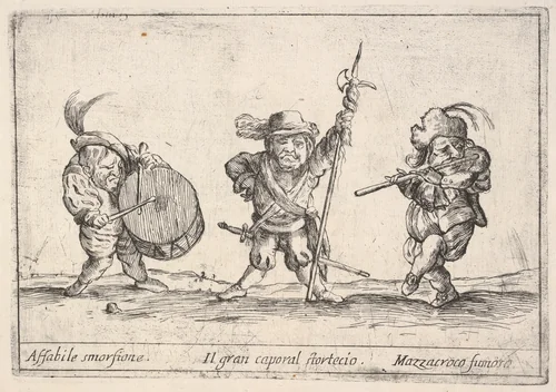 Callot figures; a dwarf man playing the drum at left, a beefeater in center, a flute player to right, from "Six grotesques" (Six pièces de figures grotesques) by Agostino Mitelli, print, 1684