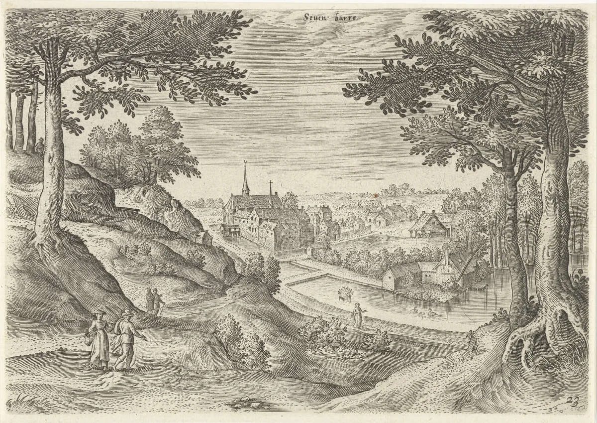 Gezicht op het klooster van Zevenborren by Hans Collaert, print, 1530-1580