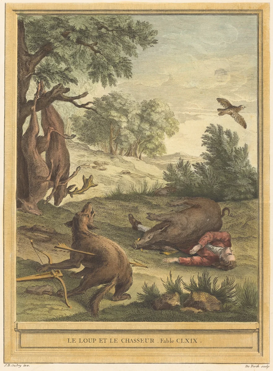 Le loup et le chasseur (The Wolf and the Hunter) by Jean-Baptiste Oudry, print, 1756