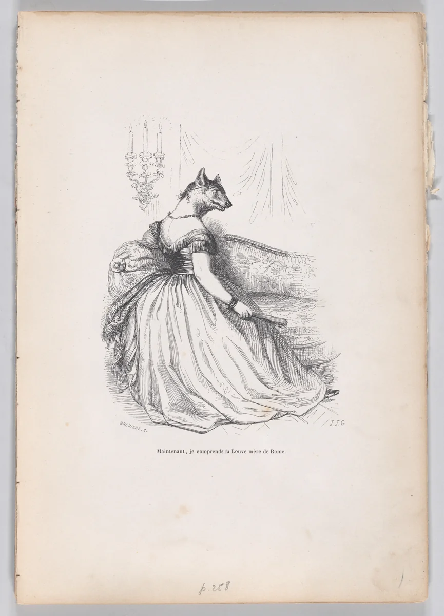 Now, I understand the mother wolf of Rome, from "Scenes from the Private and Public Life of Animals" by J. J. Grandville, print, 1832-1852