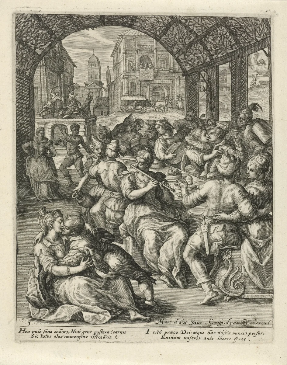 Het volk van Nineve viert feest by Crispijn van de Passe, print, 1574-1637