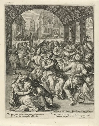 Het volk van Nineve viert feest by Crispijn van de Passe, print, 1574-1637