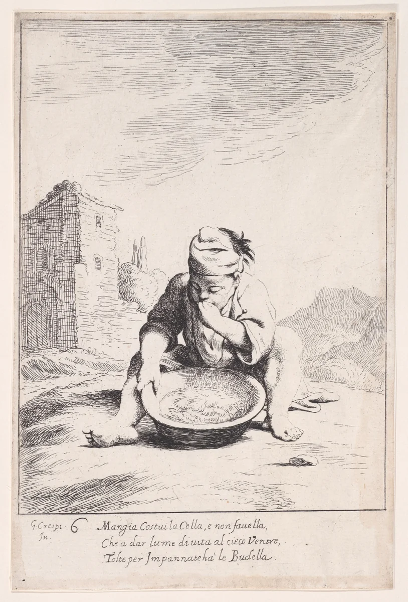 Plate 20: Cacasenno eating a bowl of pasta, from "Bertoldo, Bertoldino, and Cacasenno" by Giuseppe Maria Crespi, print, 1705-1715