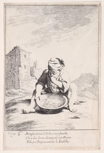 Plate 20: Cacasenno eating a bowl of pasta, from "Bertoldo, Bertoldino, and Cacasenno" by Giuseppe Maria Crespi, print, 1705-1715