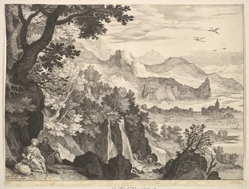 Mountainous Landscape with the Rest on the Flight into Egypt by Aegidius Sadeler II, print, 1565-1629