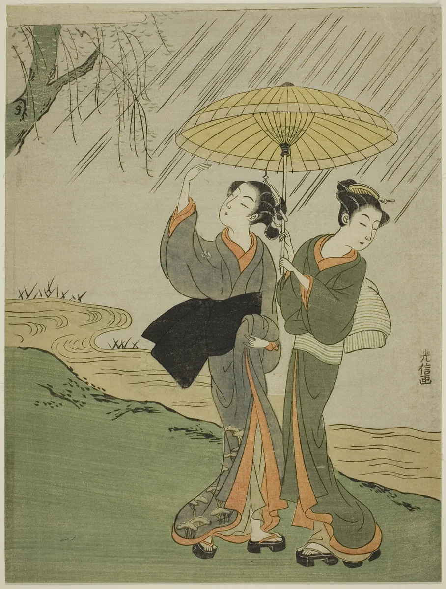 Two Young Girls in a Rain Shower by Mitsunobu, print, 1764-1772