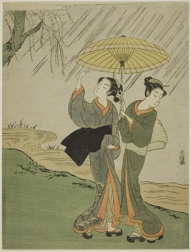 Two Young Girls in a Rain Shower by Mitsunobu, print, 1764-1772