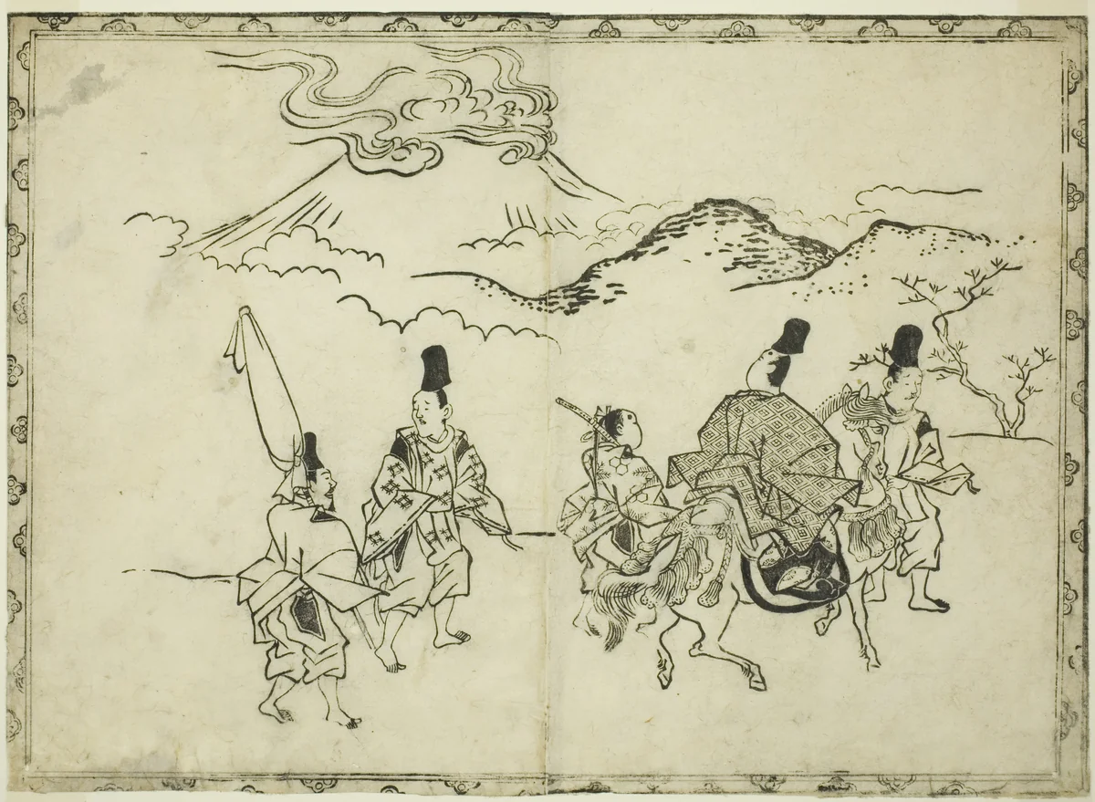 Narihira's Eastern Journey, from the illustrated book "Panorama of Paintings on Screens and Hanging Scrolls (Byobu kakemono ekagami)" by Hishikawa Moronobu (菱川師宣), print, 1682
