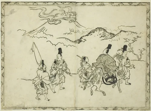 Narihira's Eastern Journey, from the illustrated book "Panorama of Paintings on Screens and Hanging Scrolls (Byobu kakemono ekagami)" by Hishikawa Moronobu (菱川師宣), print, 1682