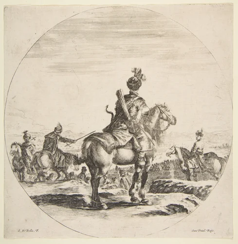 Polish horseman with a bow and arrow, seen from behind with his horse facing right, a circular composition, from 'Figures on Horseback' (Cavaliers nègres, polonais et hongrois) by Stefano della Bella, print, 1646-1656
