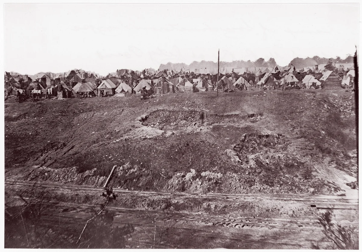 [Camp of Construction Corps, U.S. Military Railroad at City Point, Virginia] by Andrew Joseph Russell, photograph, 1861-1865