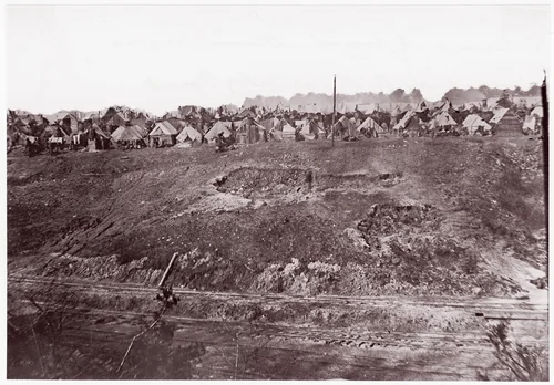 [Camp of Construction Corps, U.S. Military Railroad at City Point, Virginia] by Andrew Joseph Russell, photograph, 1861-1865