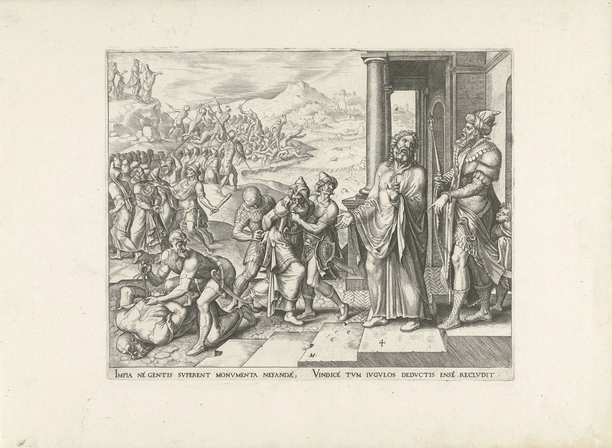 De Israëlieten nemen de aanhangers van Baäl gevangen by Philips Galle, print, 1567-1570